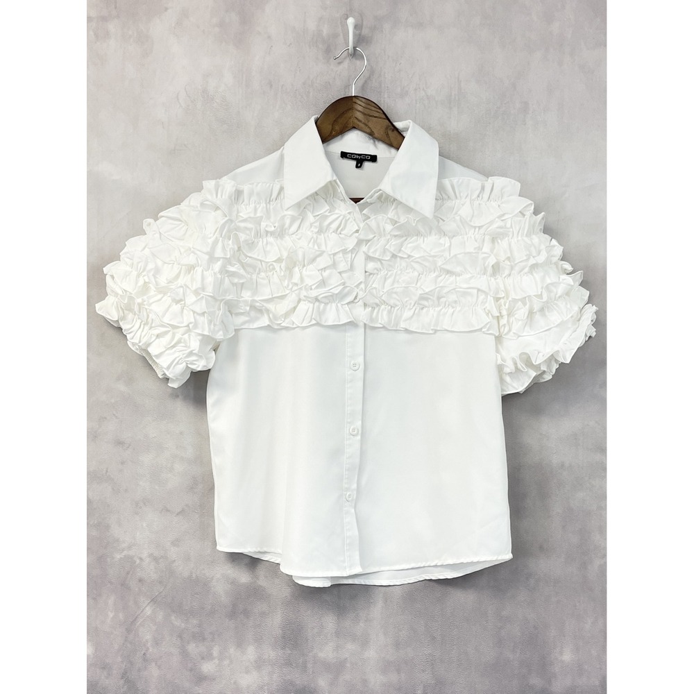CQbyCQ Ruffle Button Down Blouse Women Small Romantic Coquette Doll Regency